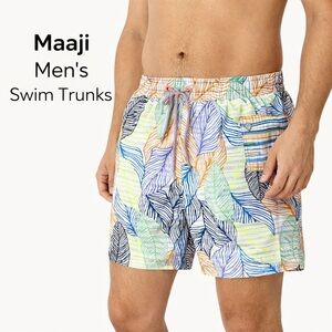 Maaji Men’s Small Swim Trunks Leaf Print Elastic Waist 6” Inseam Tropical Beach